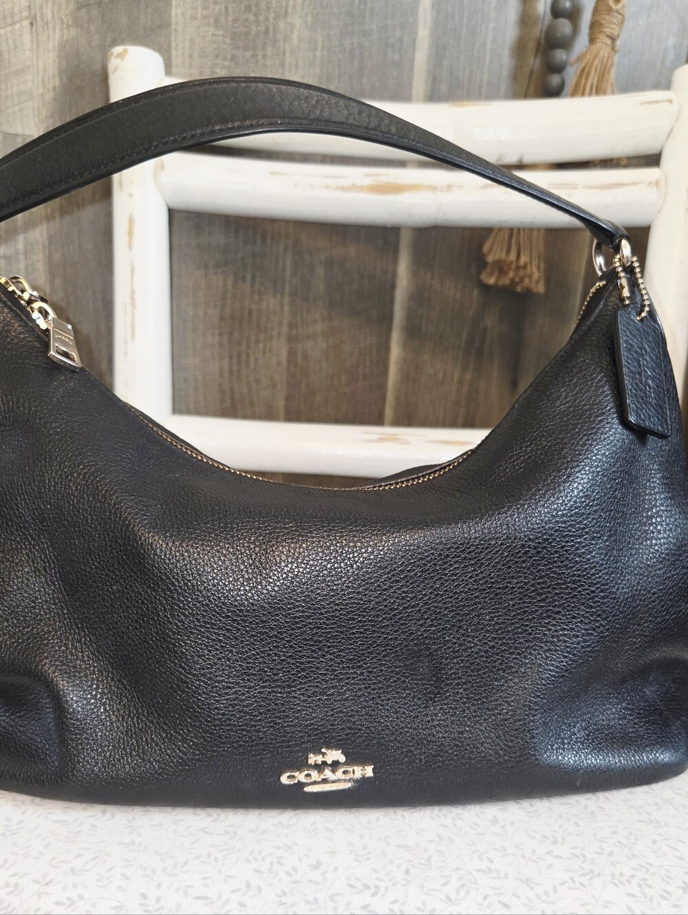 Coach Black Pebbled Leather Hobo Shoulder Bag Gold Hardware Zip Top Purse - Picture 11 of 11